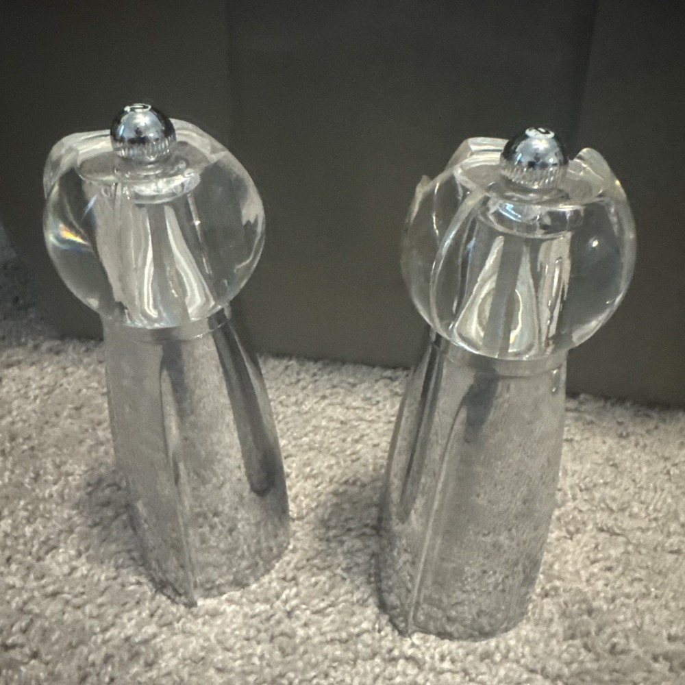 Vtg MCM Chrome Plated and Clear Lucite Salt Mill and Pepper Grinders Lot Of 2